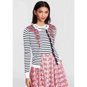NWT Brooks Brothers Floral-Beaded Striped Cardigan, XS $150 A5